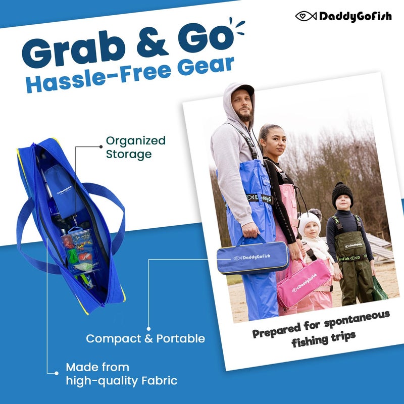 DaddyGoFish عصا صيد الأطفال DaddyGoFish - مجموعة صنارة وبكرة وصندوق طعوم - مجموعة بداية لمعدات الرصيف الصغيرة للسنة الأولى للأولاد والبنات والأطفال الصغار والمبتدئين (أزرق، 4 أقدام) - Image 5